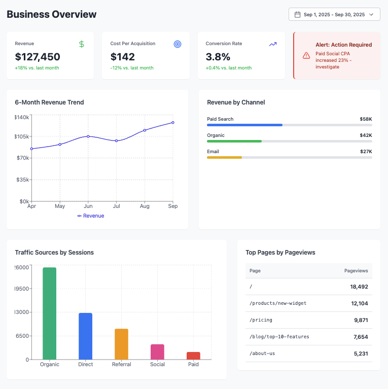 After: Executive-focused dashboard with revenue, CPA, channel revenue, and alerts